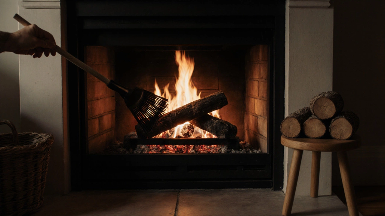 Камин, где дрова уложены крест‑накрест, открытый заслонка и убранная часть золы.