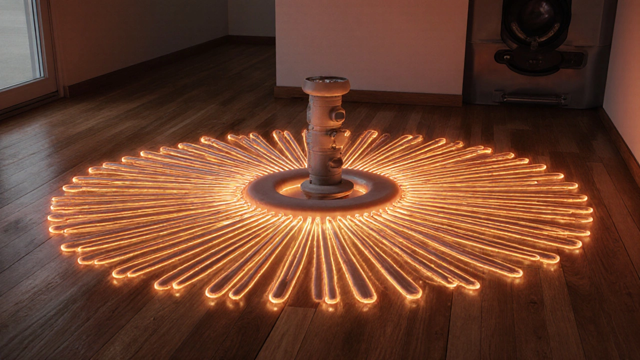 Лучевая система отопления с трубами под полом и центральным коллектором, излучающими тепло.