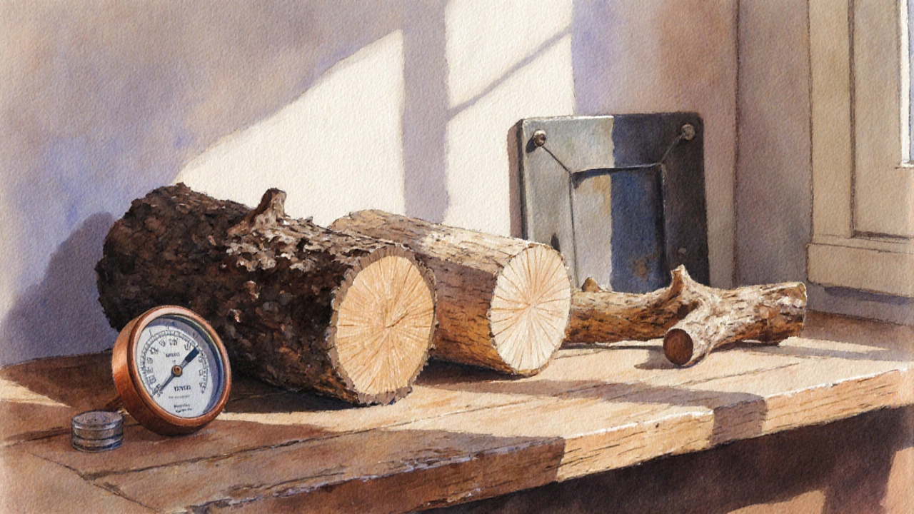 На столе три вида дров — дуб, берёза и сосна — рядом гигрометр и термометр.
