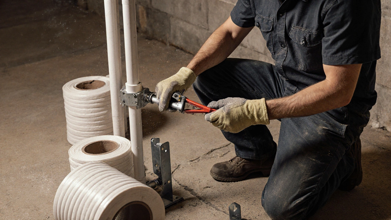 Плотник устанавливает 25 мм трубу с изоляцией в подвале.