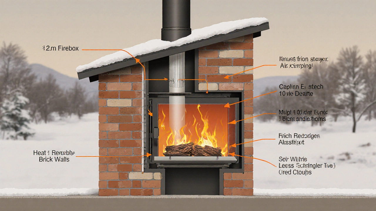 Разрез кирпичной печи с каналами дымохода и тепловыми потоками, вид сбоку, зимний пейзаж на фоне.
