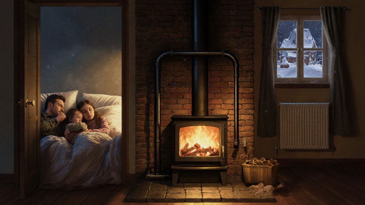 Семья спит в теплой спальне, печь в соседней комнате медленно отдает тепло через стены, видно угли.