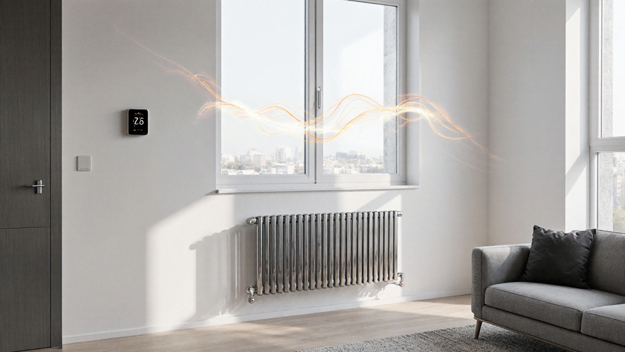 Современный биметаллический радиатор под окном в новой квартире с минималистичным интерьером