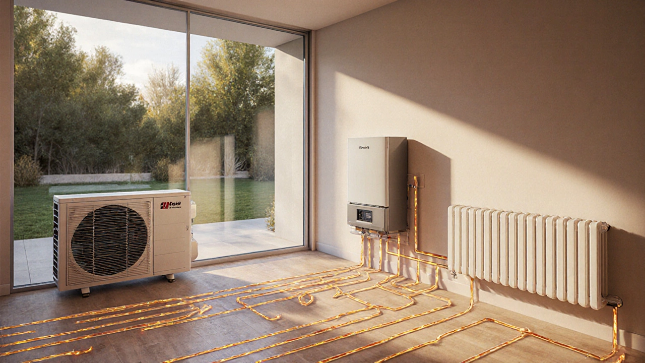 Современный дом с теплым полом, радиаторами и гибридной системой: тепловой насос и газовый котел, создающие уютный интерьер.