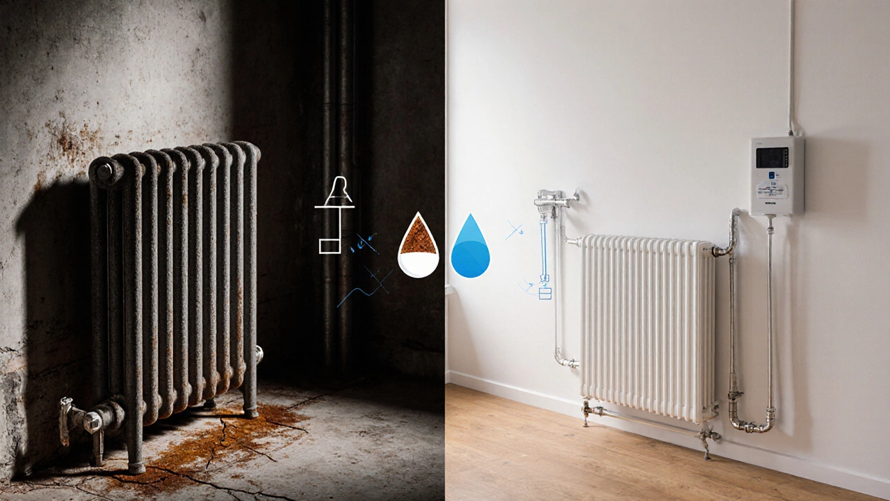 Сравнение: старый чугунный радиатор с ржавчиной и новый биметаллический с чистой системой