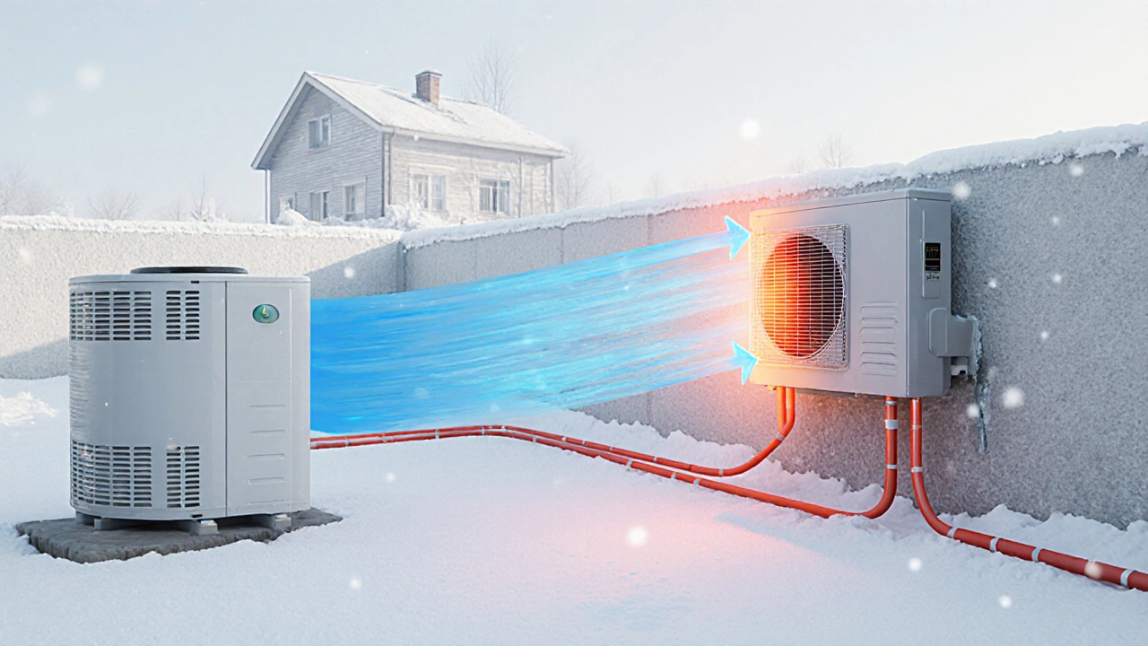 Тепловой насос на фоне снежного пейзажа Саратова извлекает тепло из холодного воздуха, передавая его в дом.
