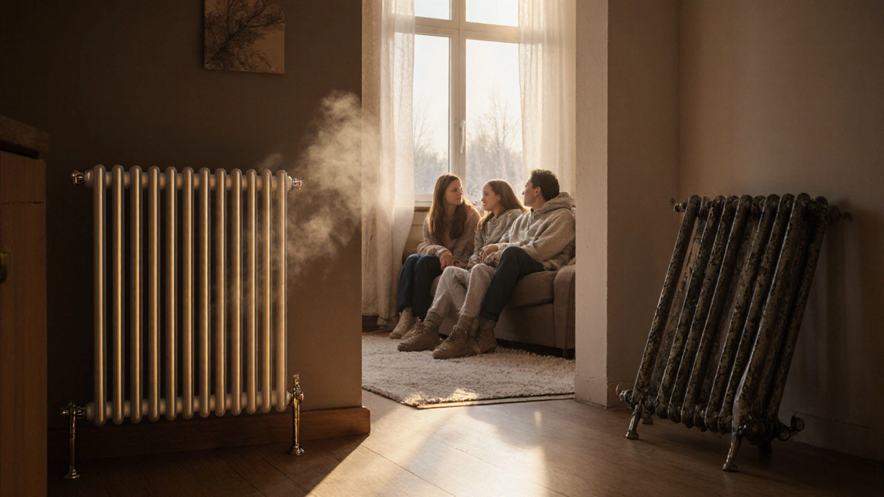 Биметаллический радиатор в теплой квартире, семья отдыхает, старый протекающий радиатор в углу.