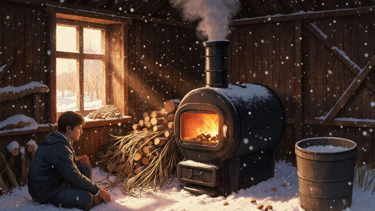 Деревенский дом в Саратовской области с дровяным котлом, человек загружает дрова, за окном снегопад, дым идёт из трубы.