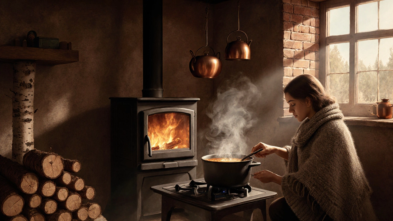 Дровяная печь с варочной поверхностью в кухне, где готовят еду и лежат дрова.
