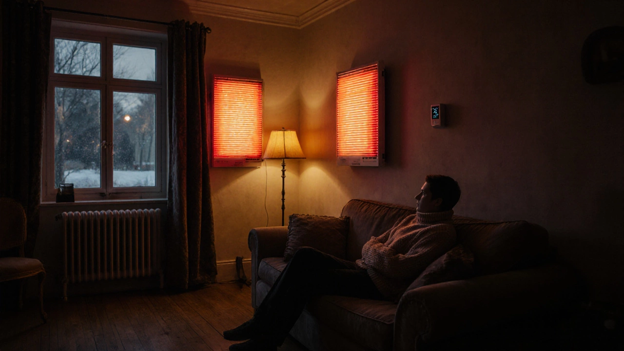 Инфракрасные панели греют человека в гостиной старого дома, без радиаторов.
