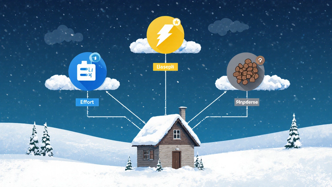 Концептуальная схема выбора котла: четыре варианта отопления — газ, электричество, дрова, дизель — на фоне зимнего дома.