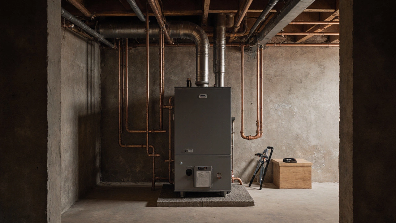 Напольный газовый котел в подвале частного дома с трубами и дымоходом.