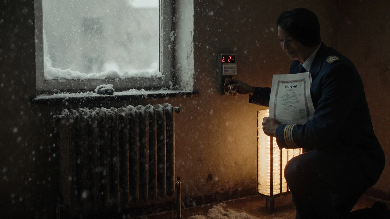 Новый биметаллический радиатор на стене рядом со старым чугунным в советской квартире, техник устанавливает термостатический клапан.