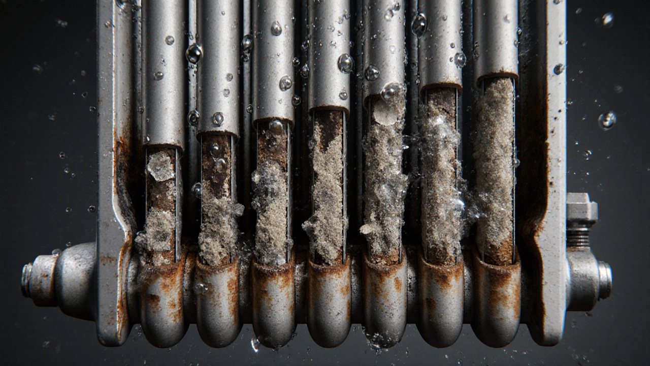 Разрез биметаллического радиатора с внутренним засором из ржавчины и накипи, блокирующим поток воды.