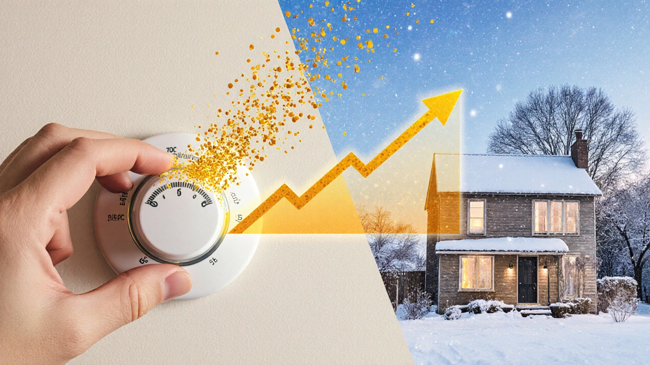 Рука поворачивает термостат с 75°C на 58°C, энергосбережение в виде золотых частиц и дом с утеплением.