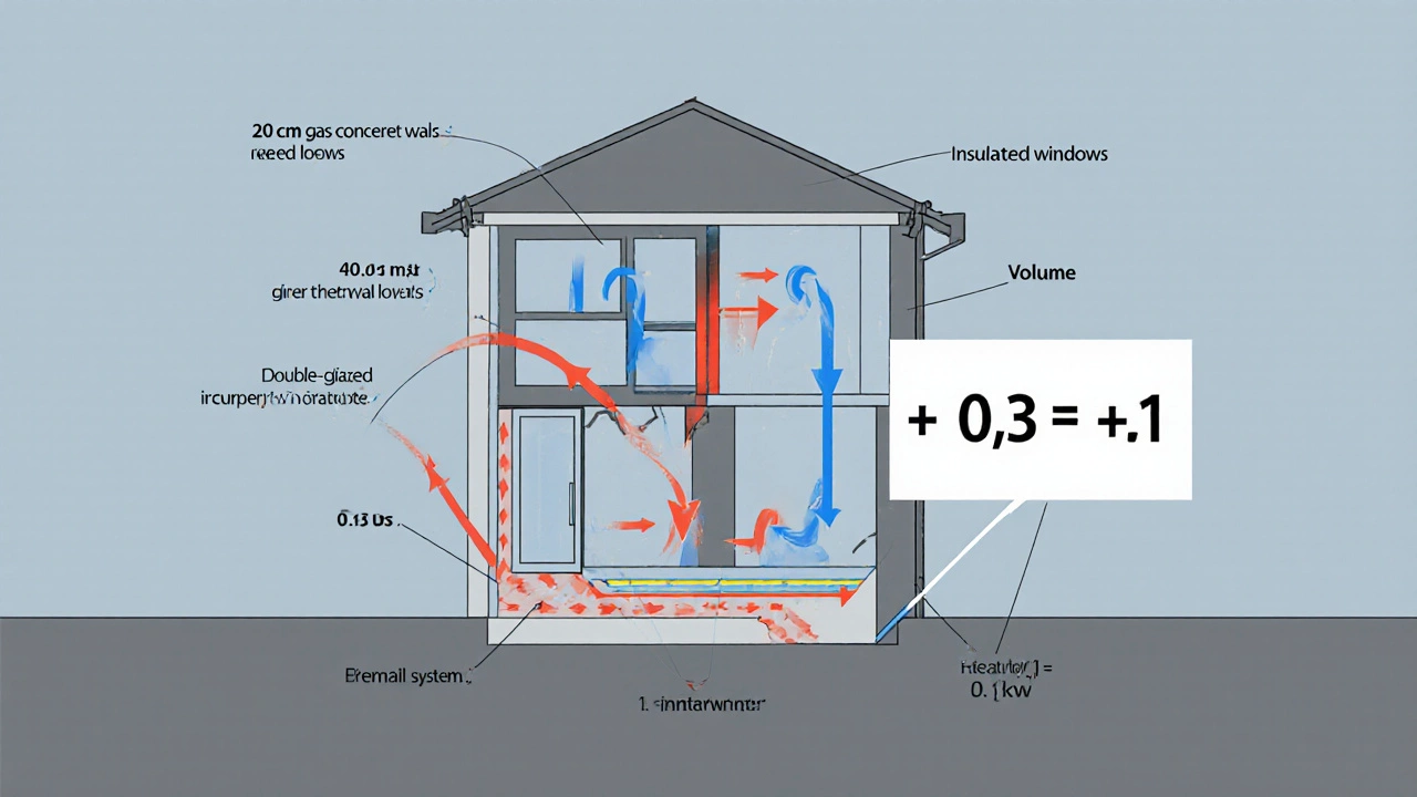 Схема дома с теплоизоляцией и формулой расчета мощности котла.