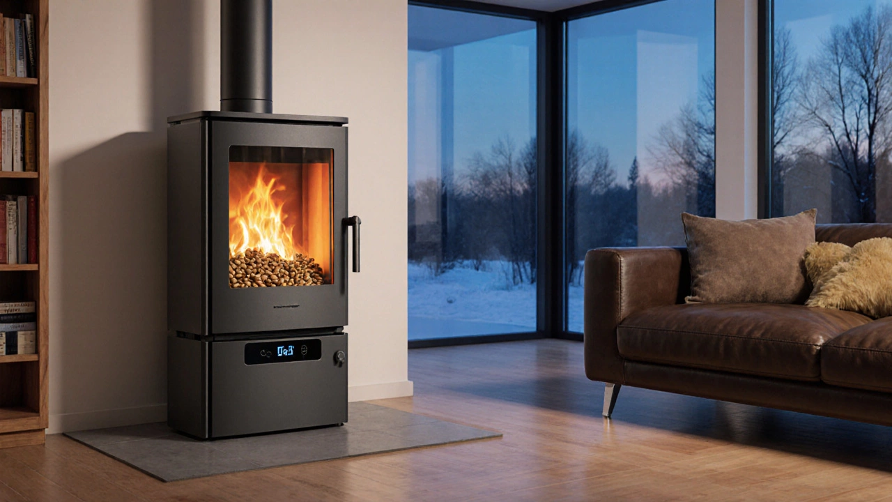 Современная пеллетная печь с цифровым управлением и имитацией пламени в гостиной.