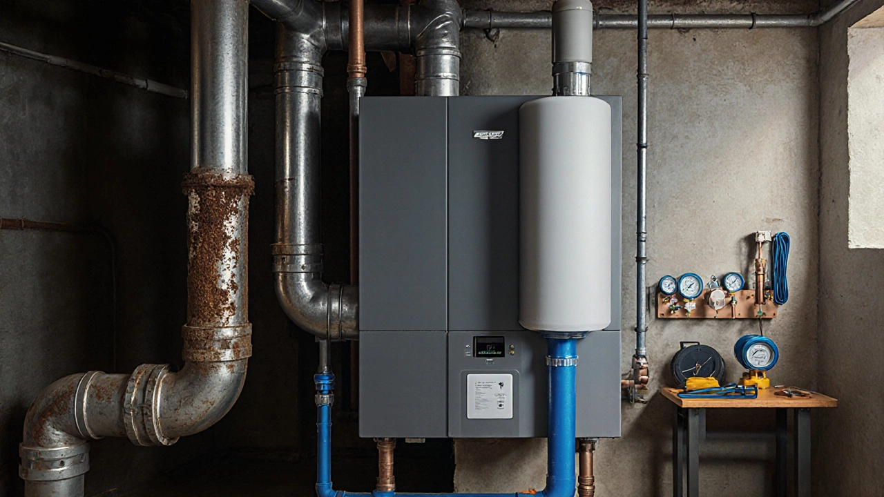 Современный конденсационный котёл подключен к старым трубам — сравнение забитых и очищенных магистралей.