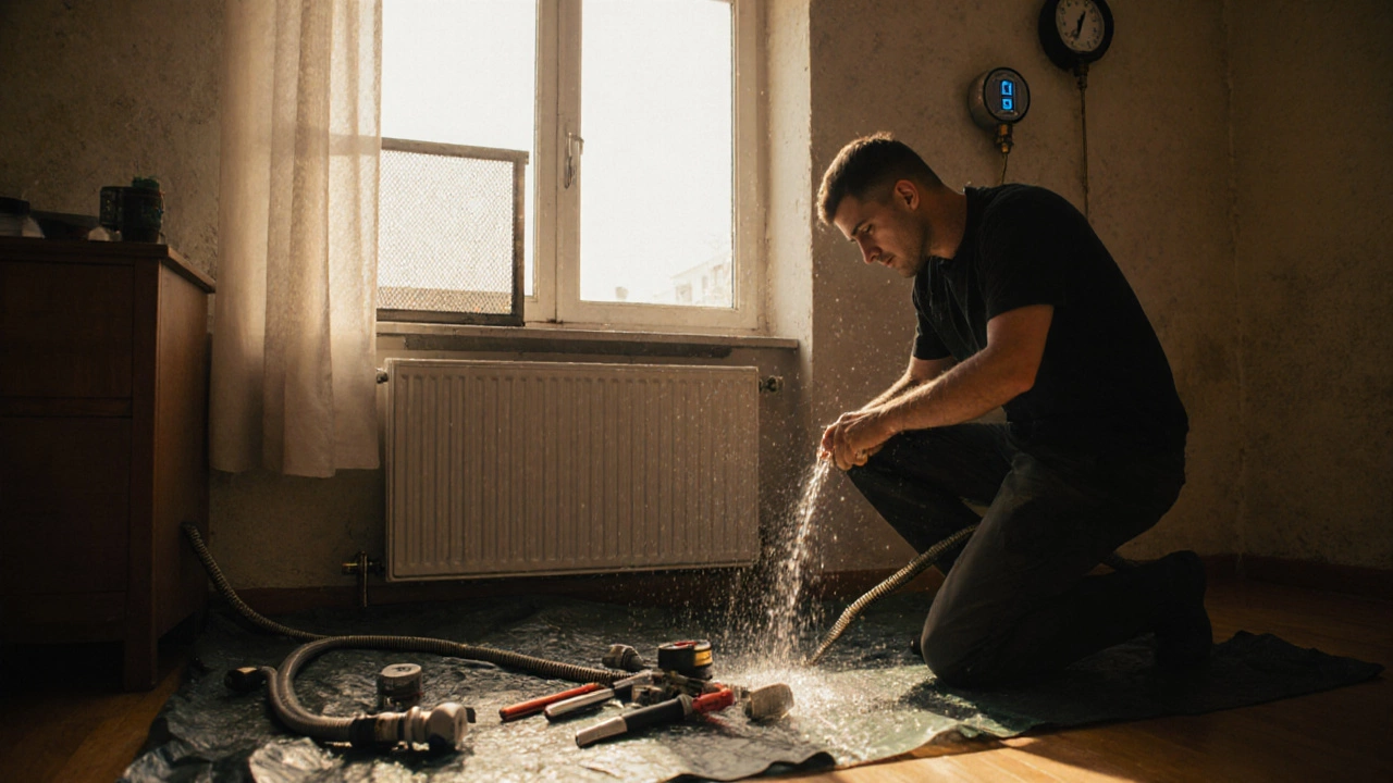 Специалист промывает радиатор в квартире, на стене виден манометр, за радиатором — теплоотражающий экран.