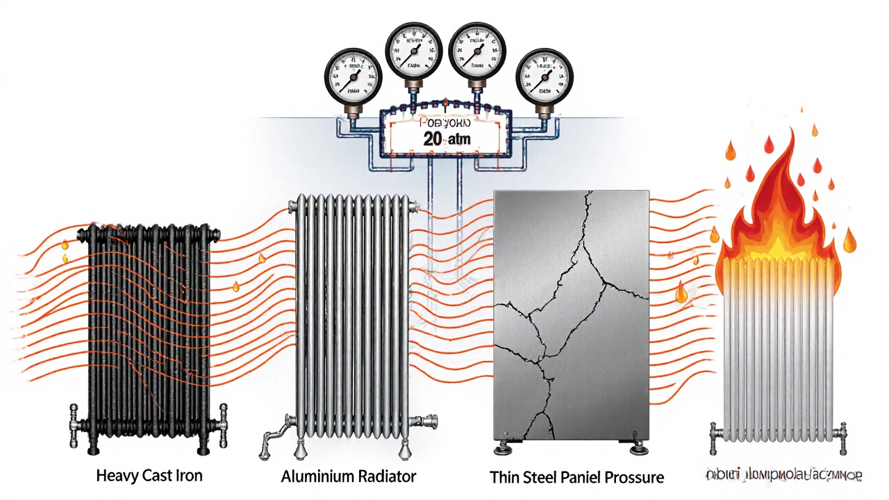 Сравнение четырёх типов радиаторов: чугунный, алюминиевый с течью, стальной и биметаллический — под давлением 20 атм в системе отопления.