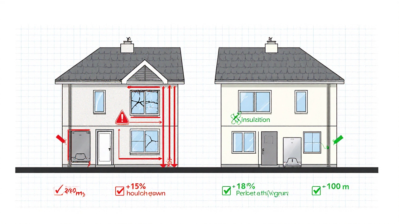 Сравнение двух домов: один с плохой изоляцией и большим котлом, другой — с утеплением и точной мощностью.