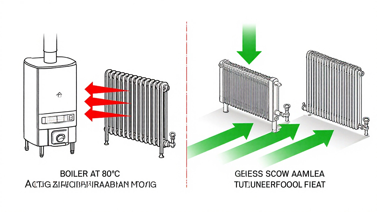 Сравнение двух систем отопления: высокая и низкая температура котла с потоками тепла.