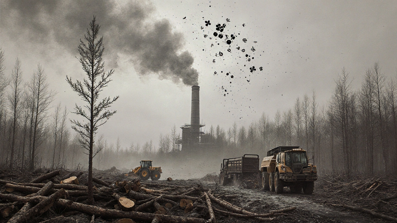 Вырубка леса для дров в Саратовской области с молодым деревцем и дымом котла на фоне.