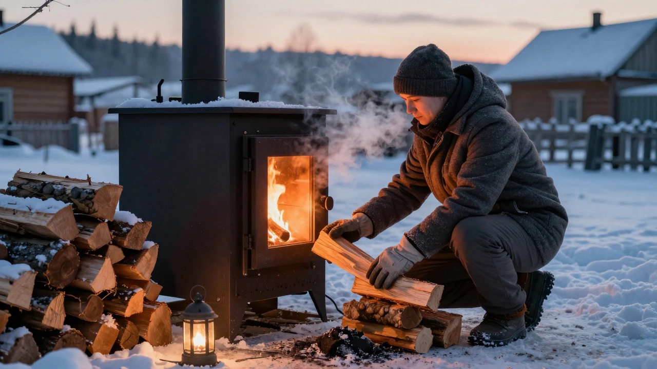 Человек подбрасывает дрова в котёл вечером при морозе, виден свет огня, снег за окном, тёплый свет в комнате.