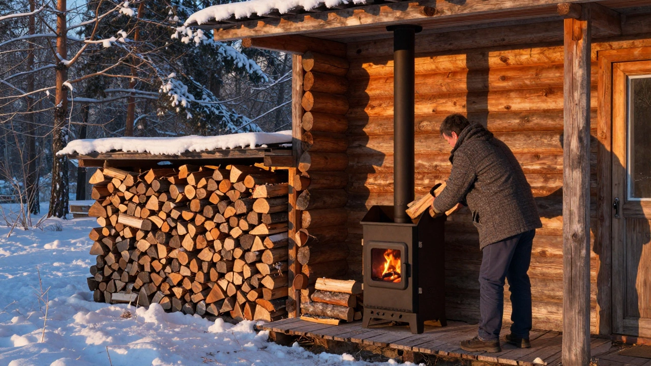 Дом в деревне с твердотопливным котлом и дровами, мужчина подбрасывает поленья на фоне снежного леса.