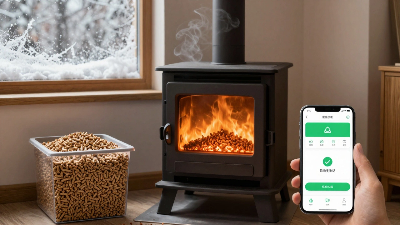 Пеллетная печь с прозрачной камерой сгорания и управлением через приложение.