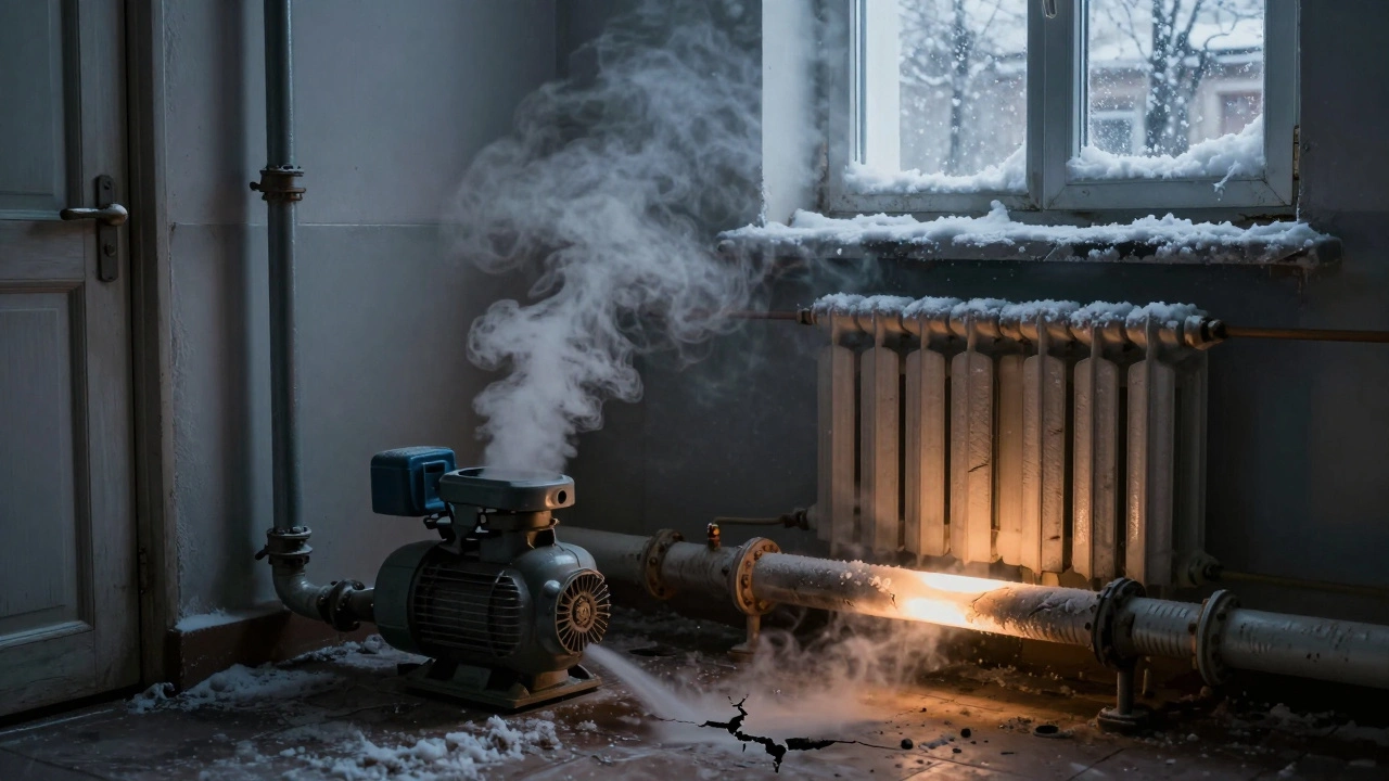 Повреждённая труба 10 мм утекает в холодном коридоре, рядом — исправная система с тёплым потоком.