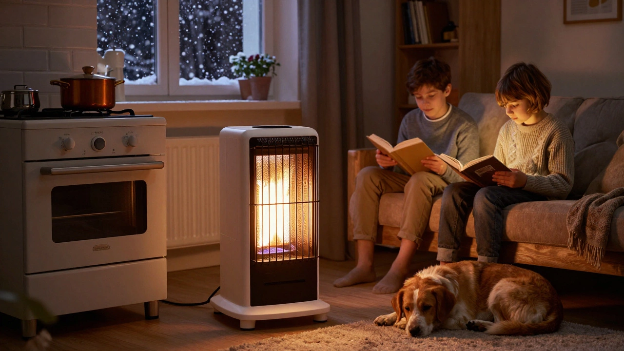 Семья уютно отдыхает у пеллетной мини-печи в российской квартире зимой.