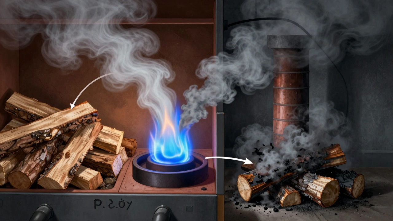 Схема работы пиролизного котла: газы сгорают чисто слева, справа — дым и сажа из-за неправильной загрузки.