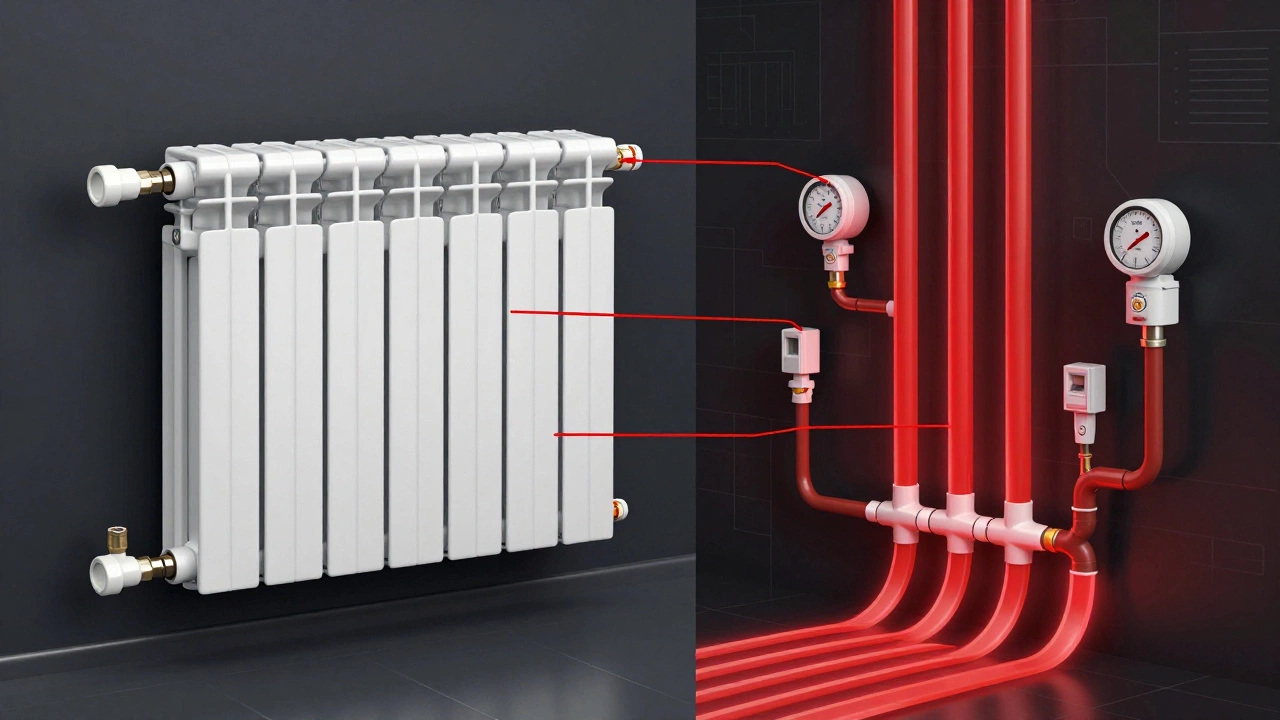 Схематичное сравнение правильной и неправильной замены батареи с потоками теплоносителя.