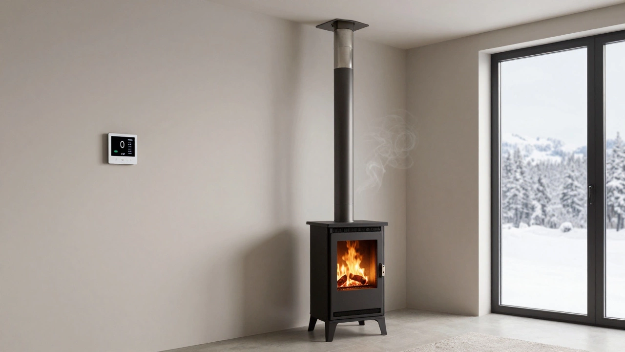 Современная газовая печь в интерьере с цифровым термостатом и чистым дымоходом.