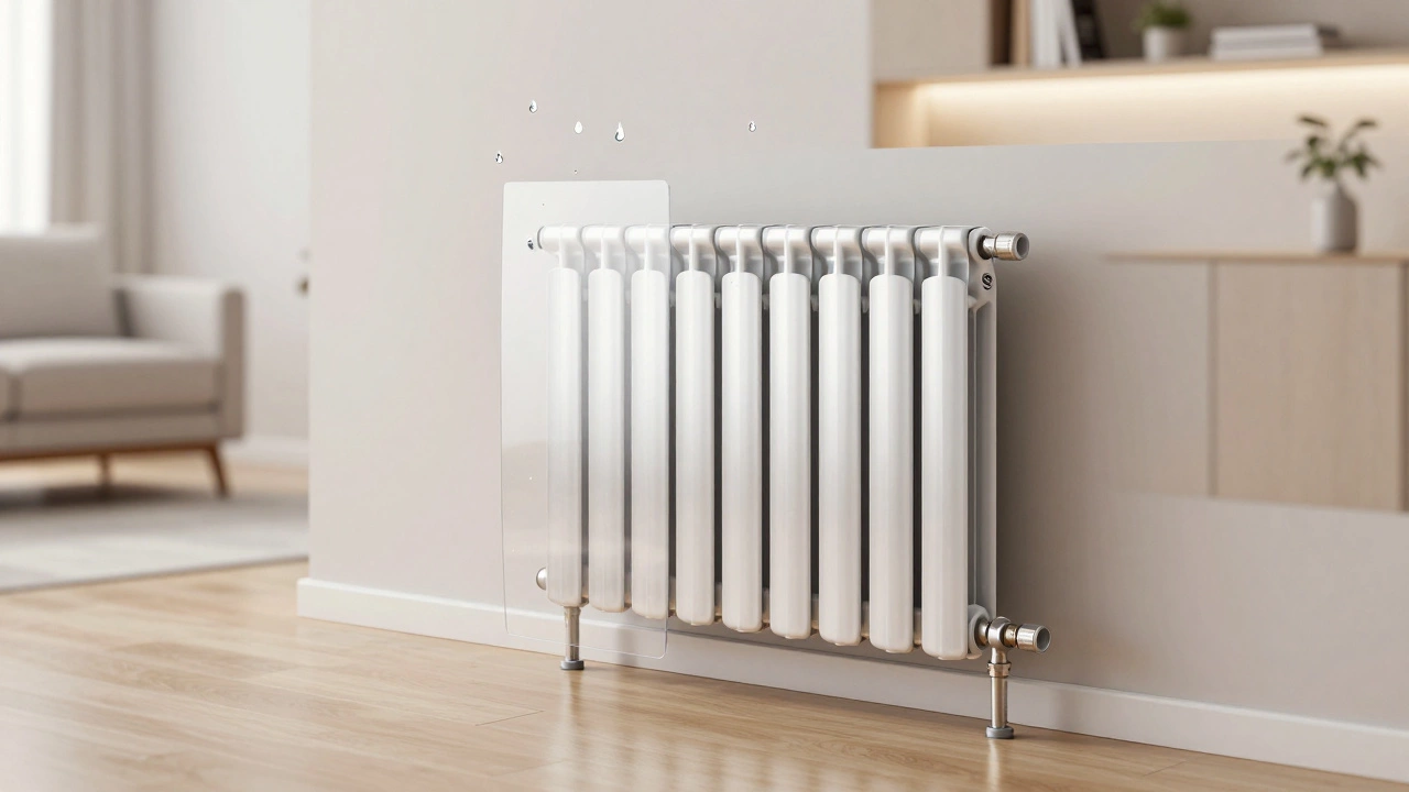 Современный биметаллический радиатор с защитной внутренней трубкой, светящийся в чистой квартире.