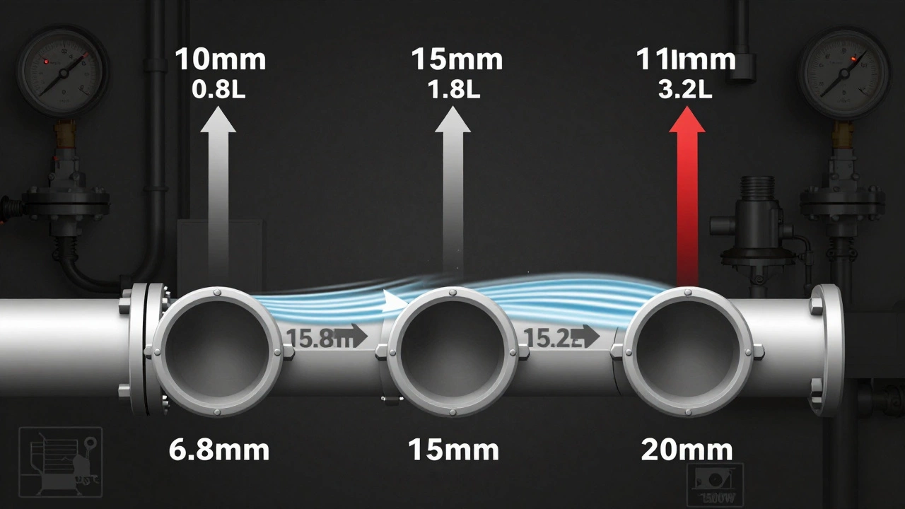 Сравнение внутренних диаметров и пропускной способности труб 10 мм, 15 мм и 20 мм.