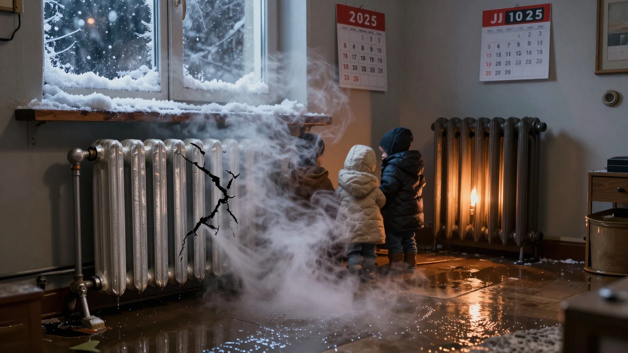 Течет алюминиевая батарея на мокром полу в холодной квартире, семья в куртках, рядом работает чугунная батарея.
