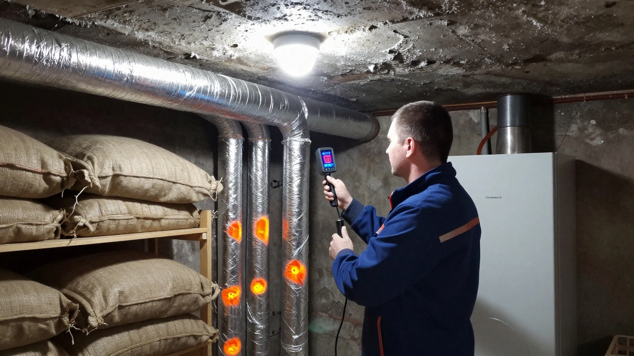 Техник с тепловизором проверяет утепленные трубы в подвале, рядом — мешки с древесными гранулами и котел.