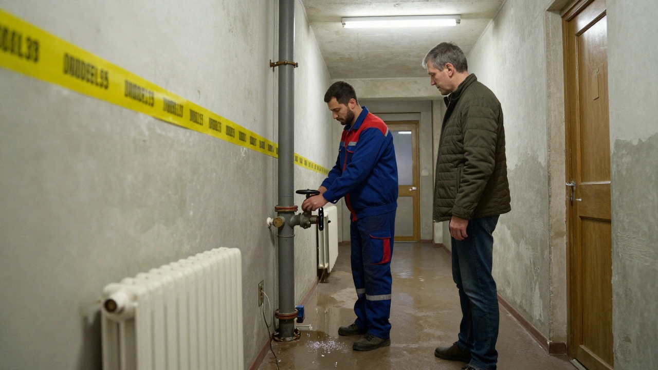 Техник закрывает клапан на стояке в коридоре старой квартиры, рядом — снятый радиатор с капающей водой.