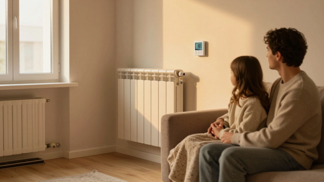 Уютная гостиная в Саратове при 18°C, семья в свитерах, термостат на радиаторе, подогрев пола под ковром.