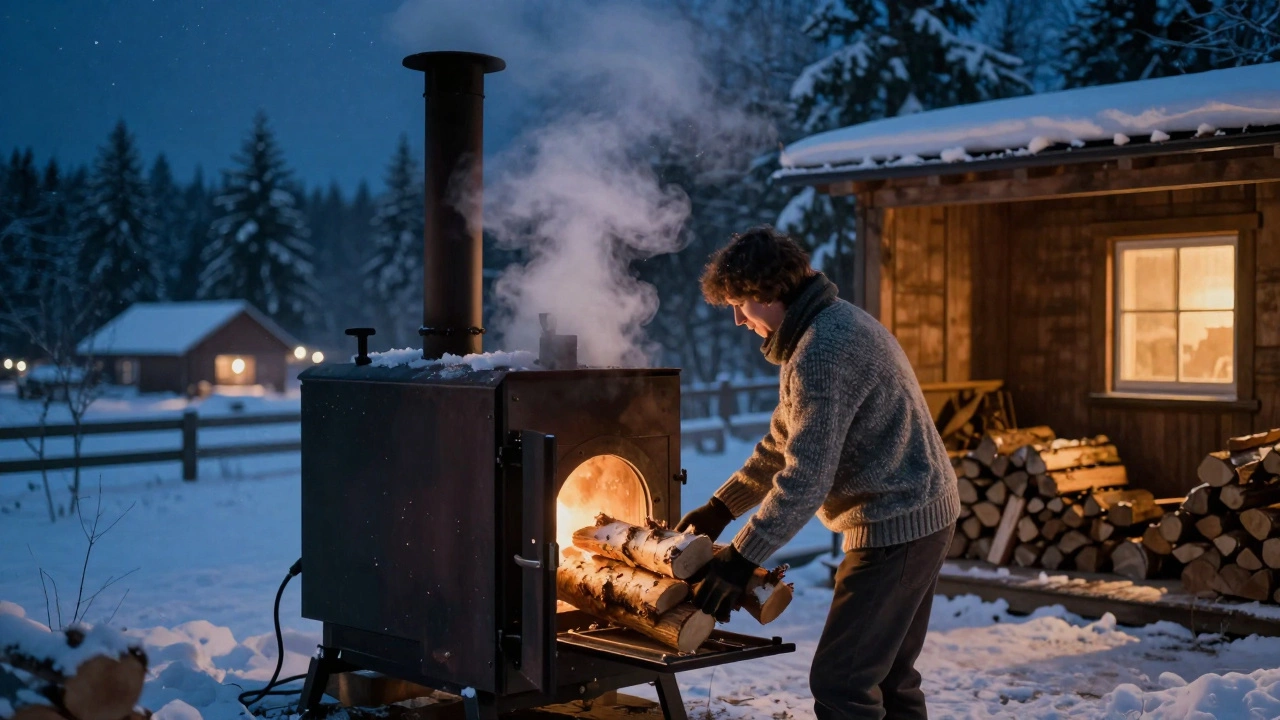 Человек загружает дрова в пиролизный котел вечером, дым поднимается к звездному небу.