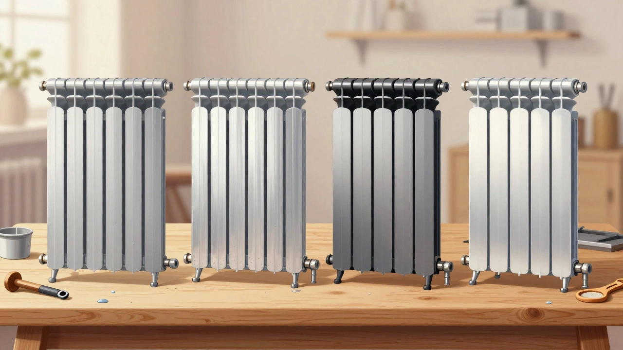 Четыре типа радиаторов на деревянной поверхности: чугунный, алюминиевый, биметаллический и стальной, с визуальными признаками коррозии.