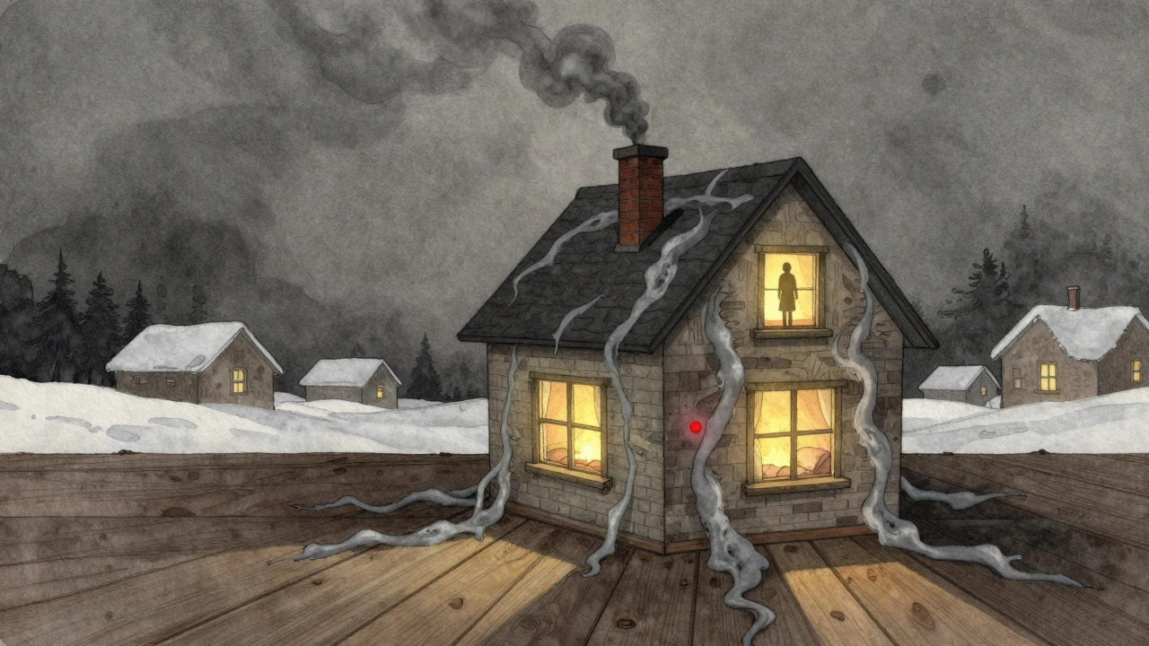 Дом ночью: дым из трубы превращается в тонкие тени газа, проникающие в комнаты.