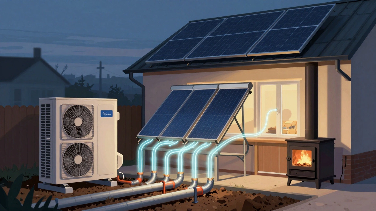 Гибридная система отопления: тепловой насос, солнечные коллекторы и пеллетный котёл в частном доме зимой.