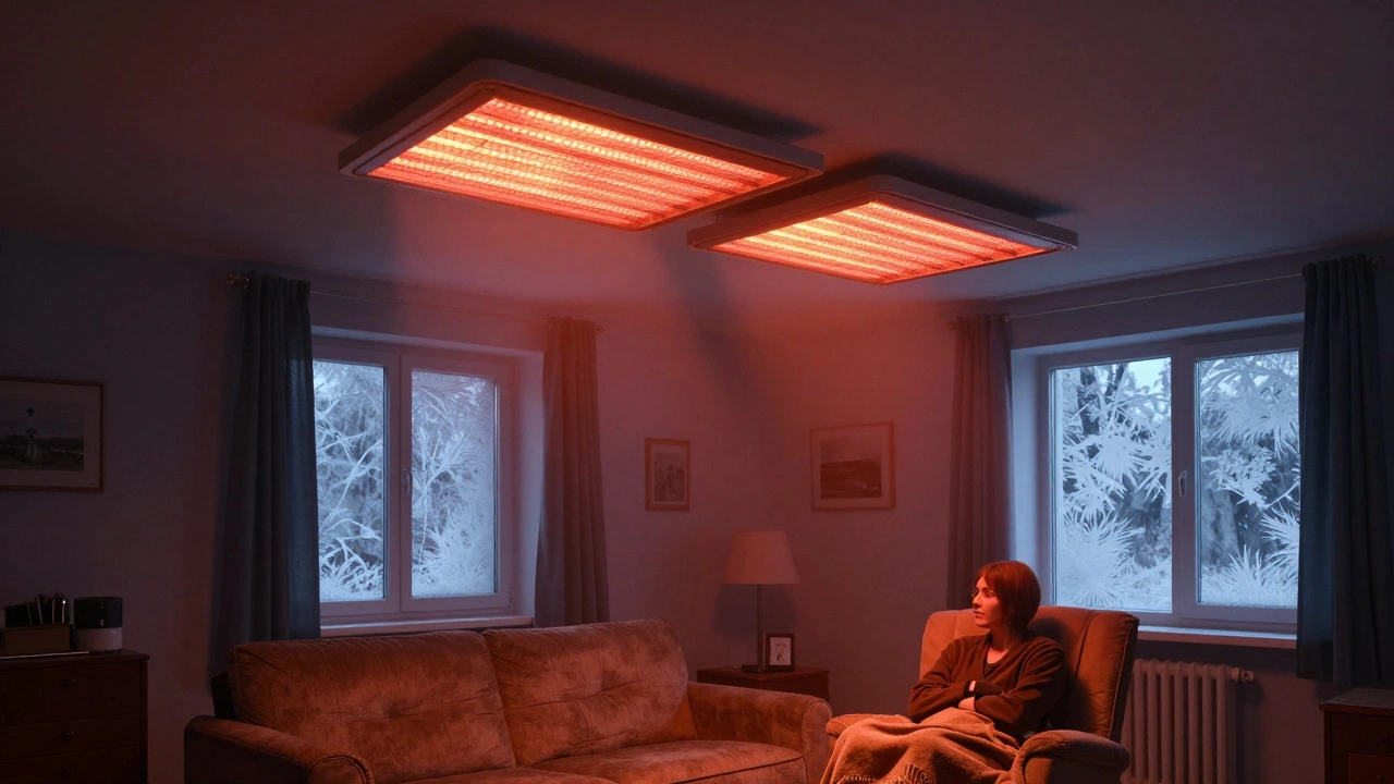Инфракрасная панель на потолке греет человека на диване, остальная комната в тени, окна с инеем.