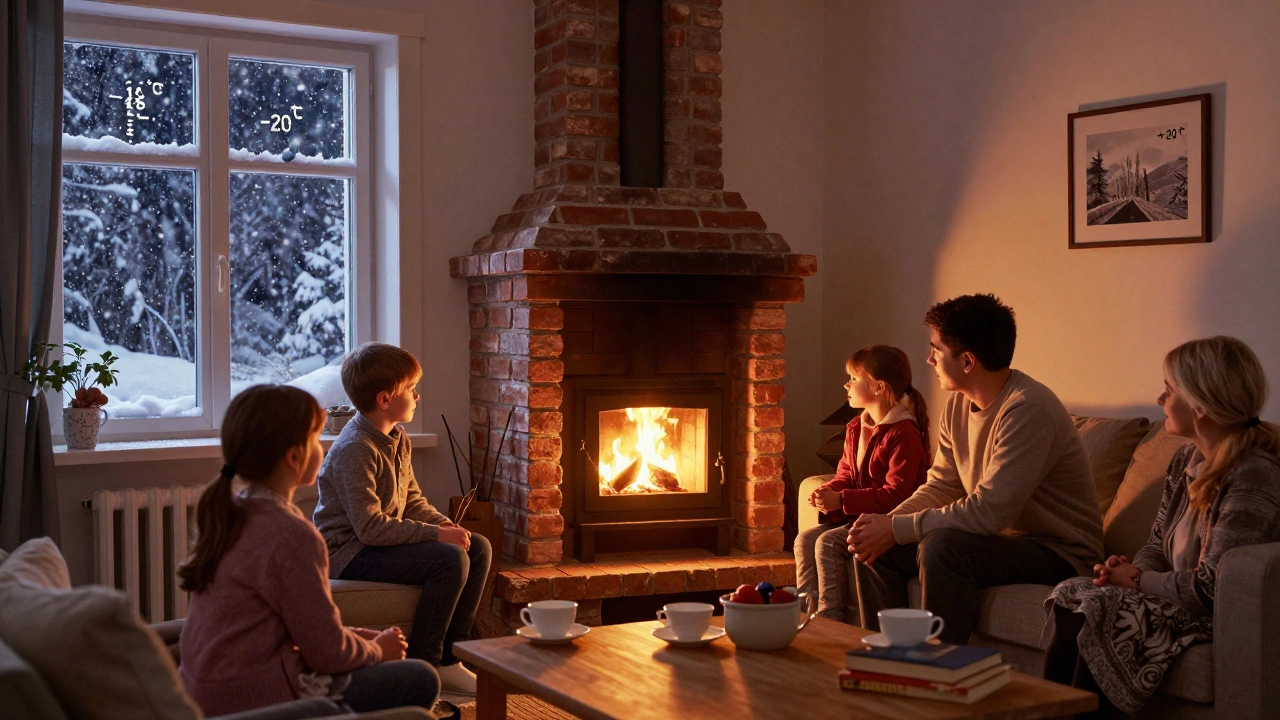 Кирпичная печь в доме в Саратове, излучающая тепло после затухания огня, зимний пейзаж за окном.