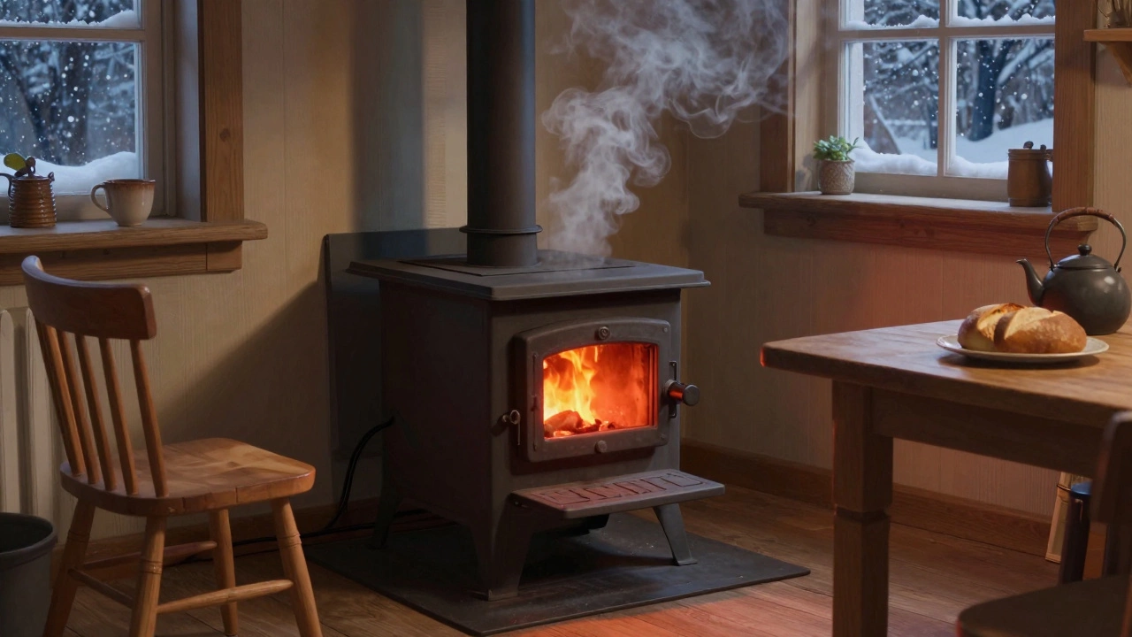 Компактная чугунная печь-опечек в кухне, дым идёт из трубы, на столе — чайник и хлеб, за окном снег.