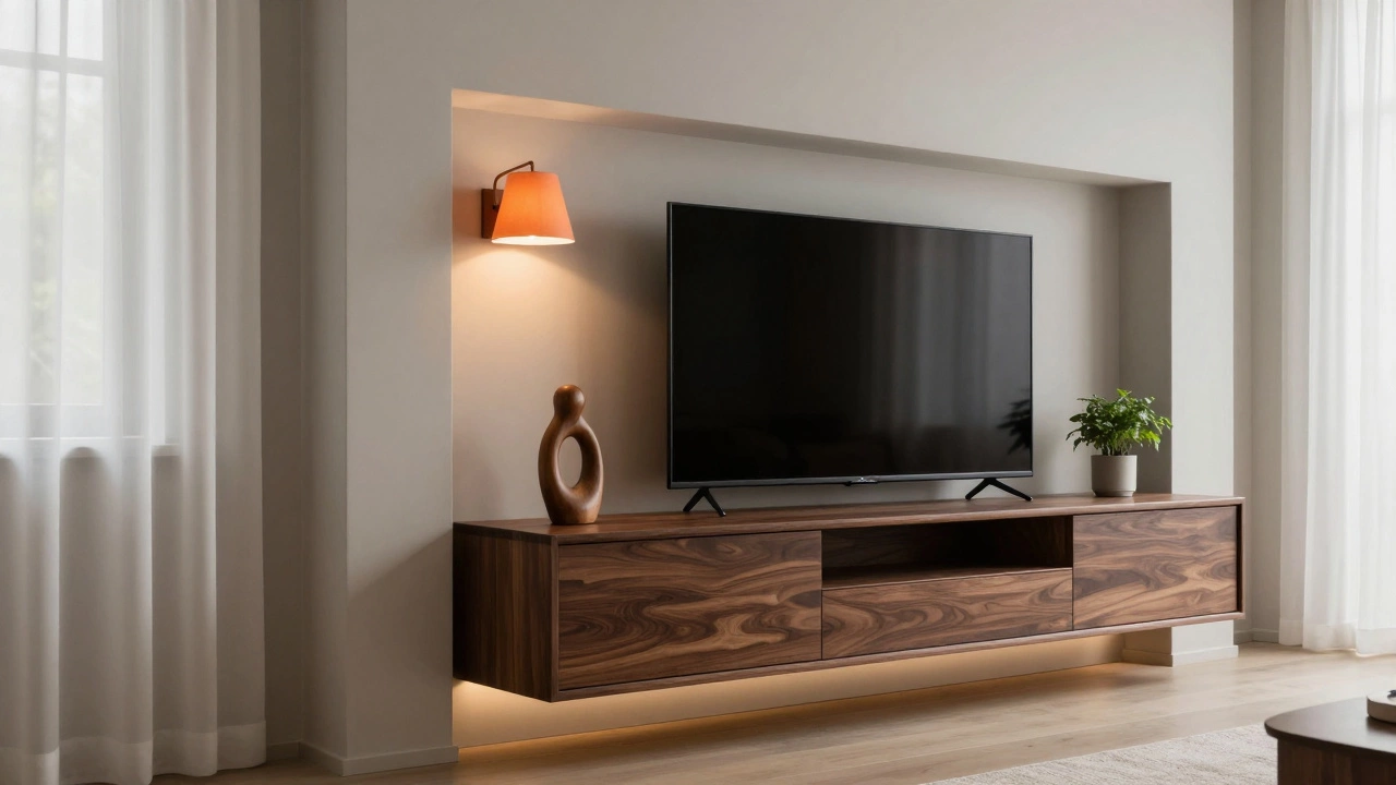 Медиа-консоль вместо камина с подсветкой, книгами и растением в тёплом освещении.