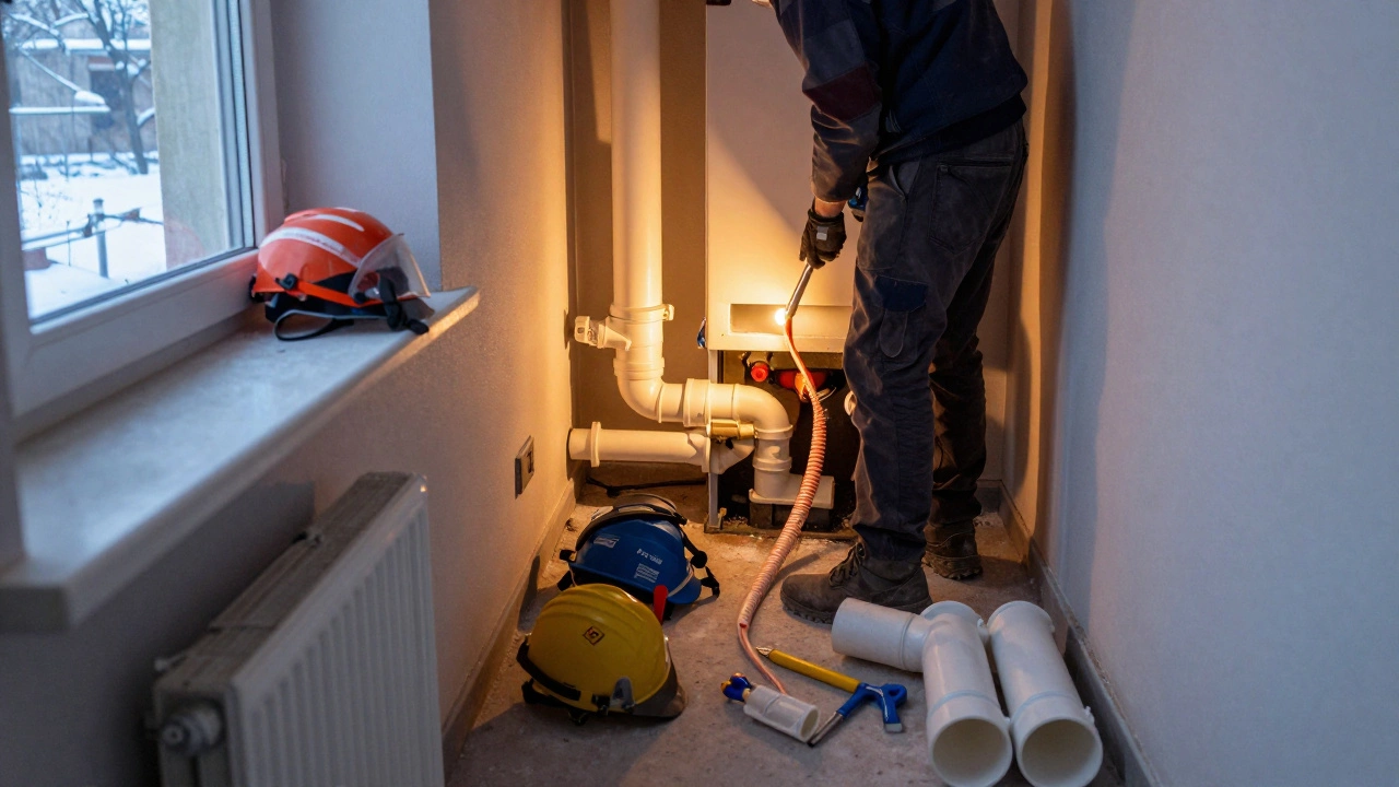 Рабочие заменяют ПВХ-трубы на армированный полипропилен в подъезде многоэтажки в Саратове.